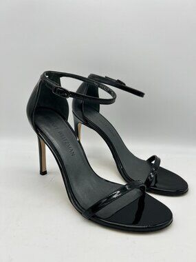 Stuart Weitzman Nudistsong Black Patent Ankle-Wrap High-Heel Sandals